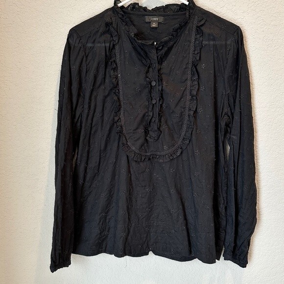 J. Crew Black Eyelet Ruffle 100% Cotton Loose Fitting Blouse - Size M - EUC - Picture 1 of 6